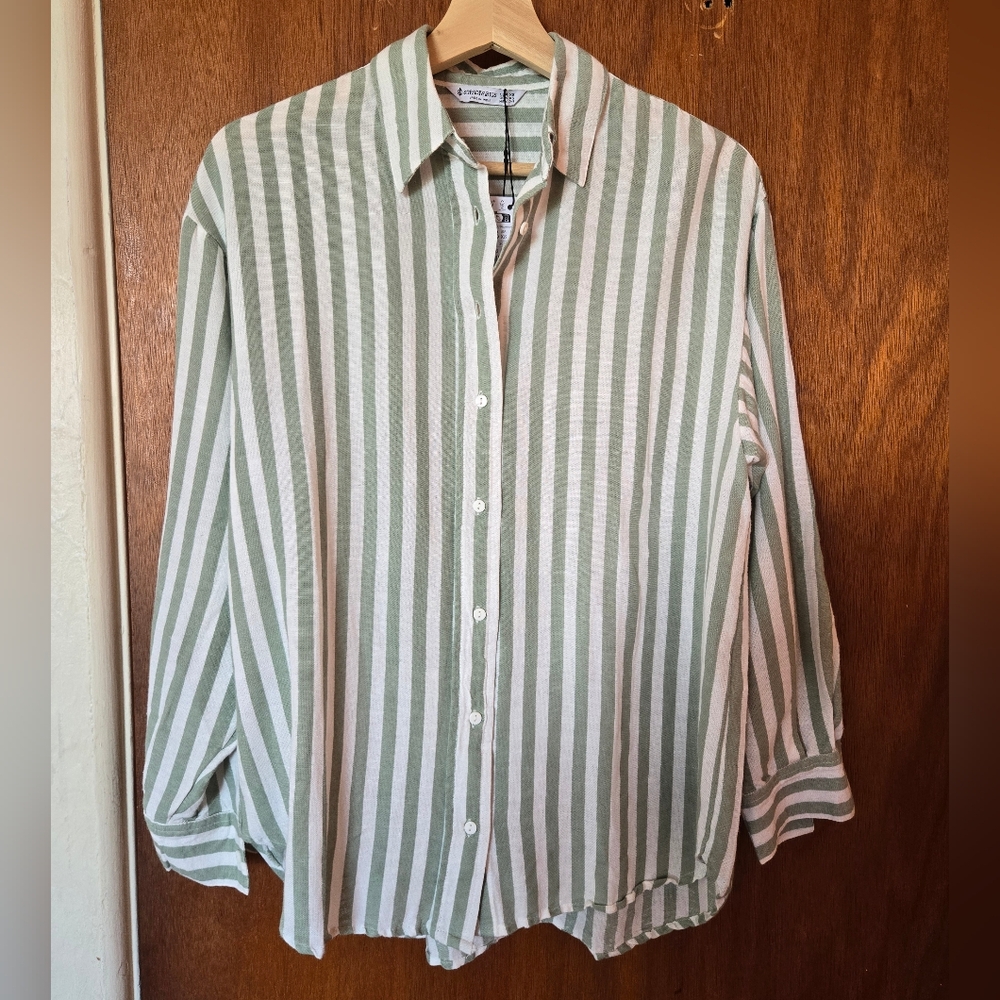 Stradivarius Green White Oversized Button Down Shirt, XS